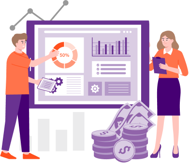 Element branded art depicting two people looking at a report on a white board