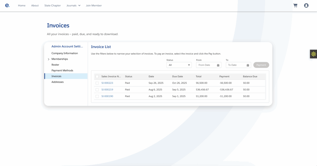 Product screenshot of Invoice list inside Element AMS