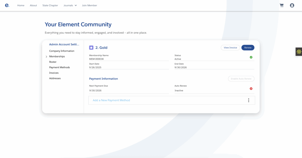 Product screenshot of Membership types inside Element AMS